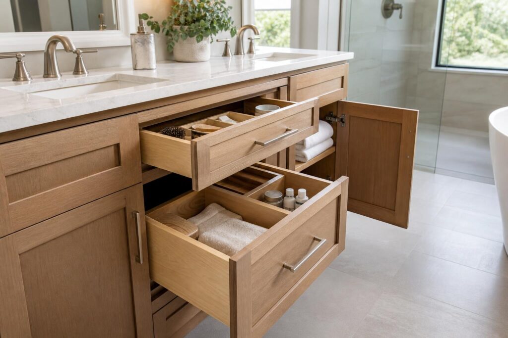 Organized bathroom drawers and linen storage