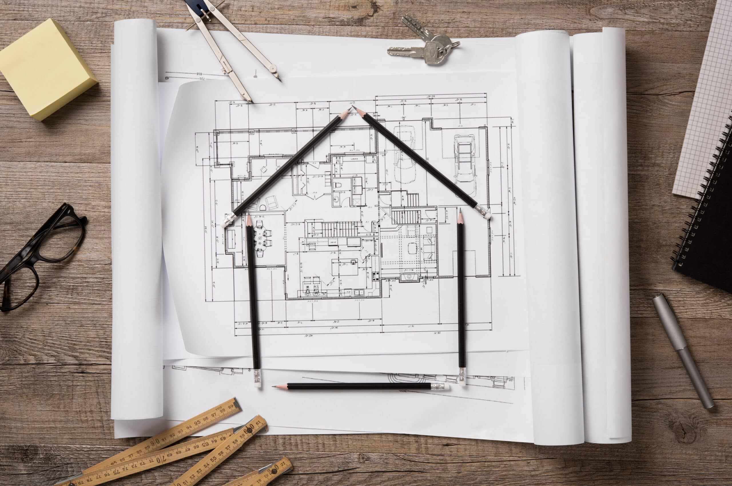 Architectural blueprints and drawing tools for remodeling planning