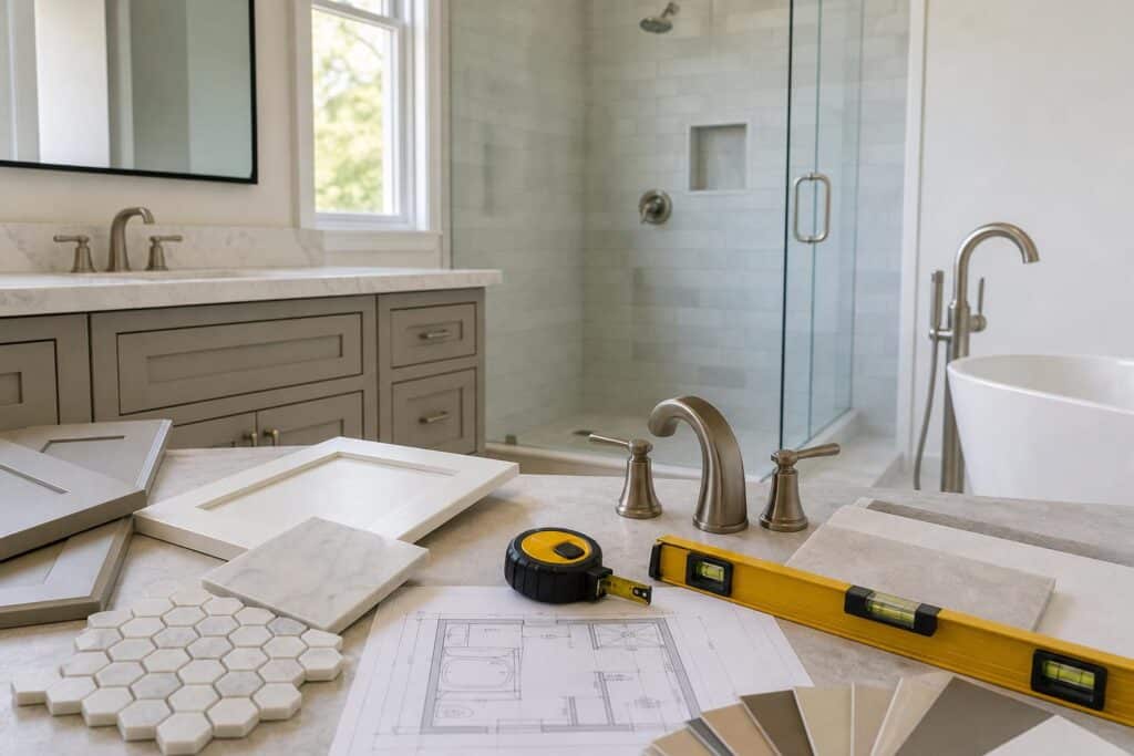 Bathroom remodel measuring tools and finish samples