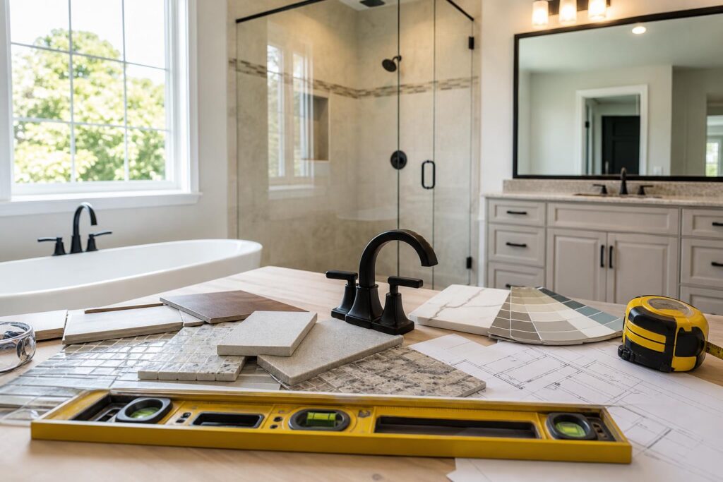 Bathroom remodel measuring tools and finish samples
