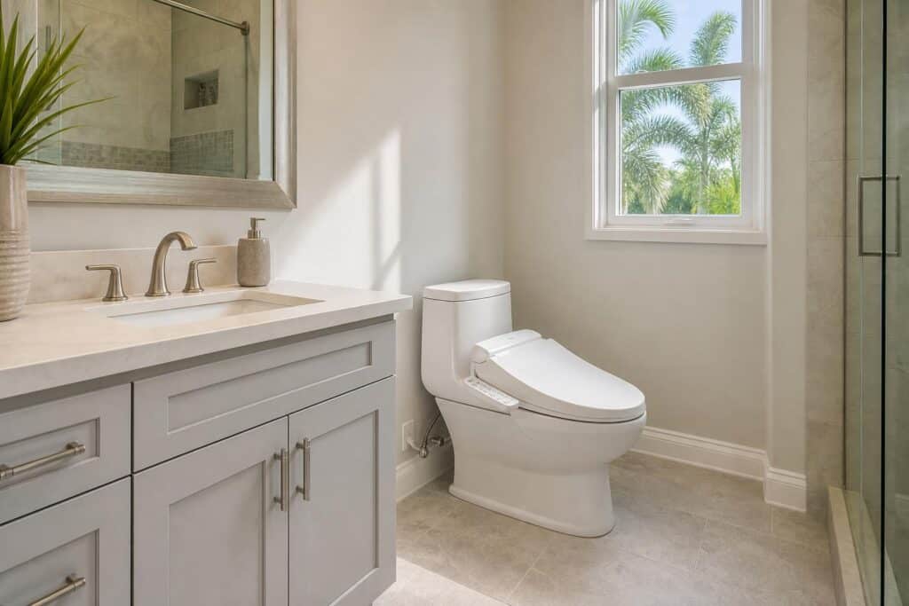 Integrated bidet-seat toilet area in a bathroom remodel