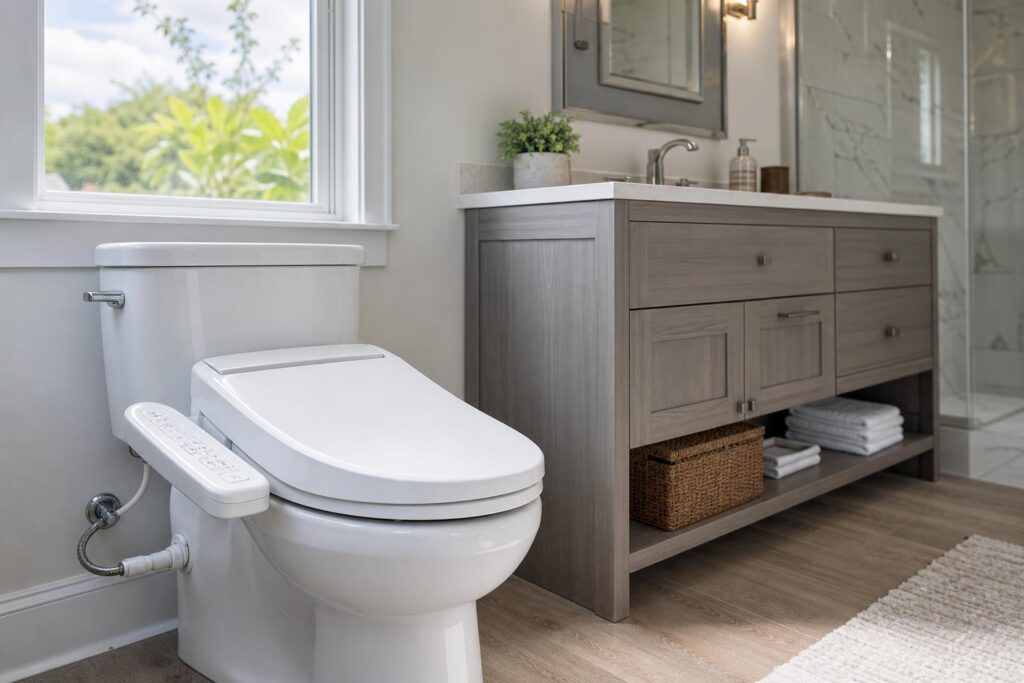 Bathroom fixture planning with bidet-seat controls and vanity storage