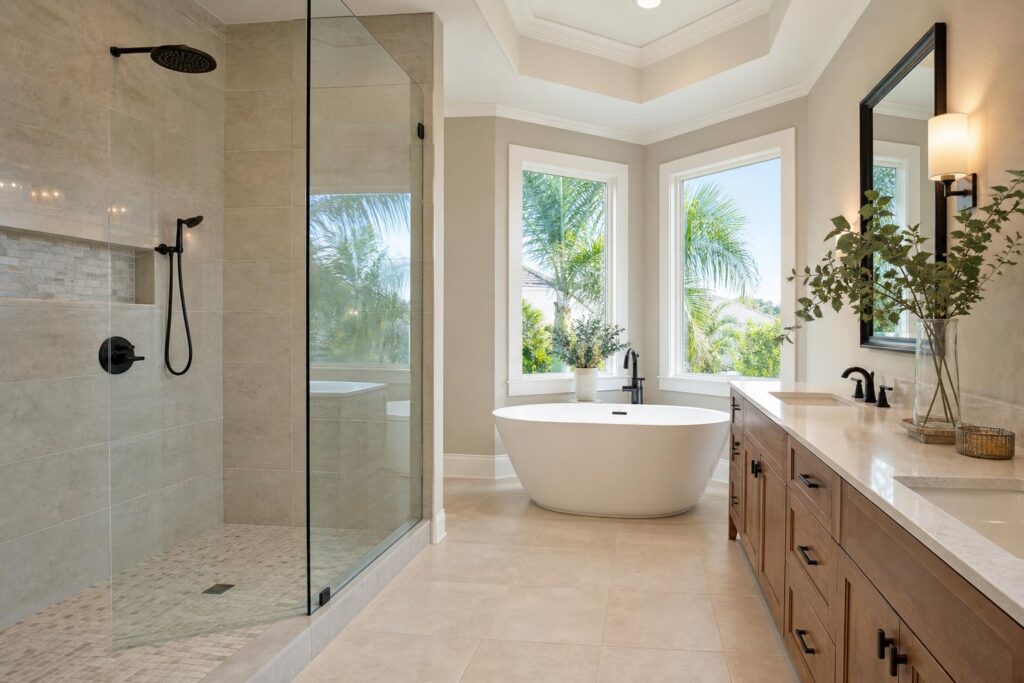 Polished modern bathroom remodel with shower and vanity