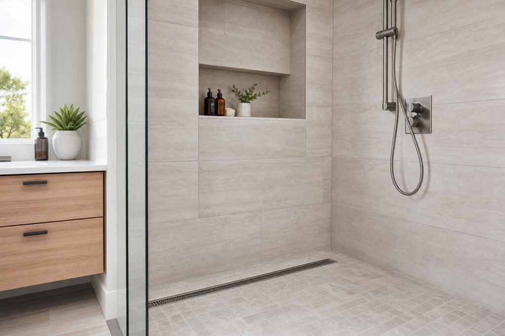 Shower remodel tile niche and drain details