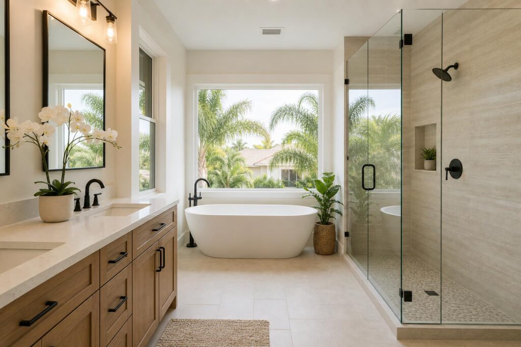 Polished modern bathroom remodel with shower and vanity