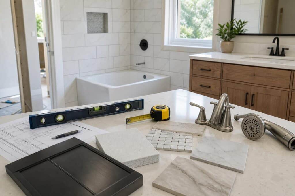 Bathroom remodel measuring tools and finish samples