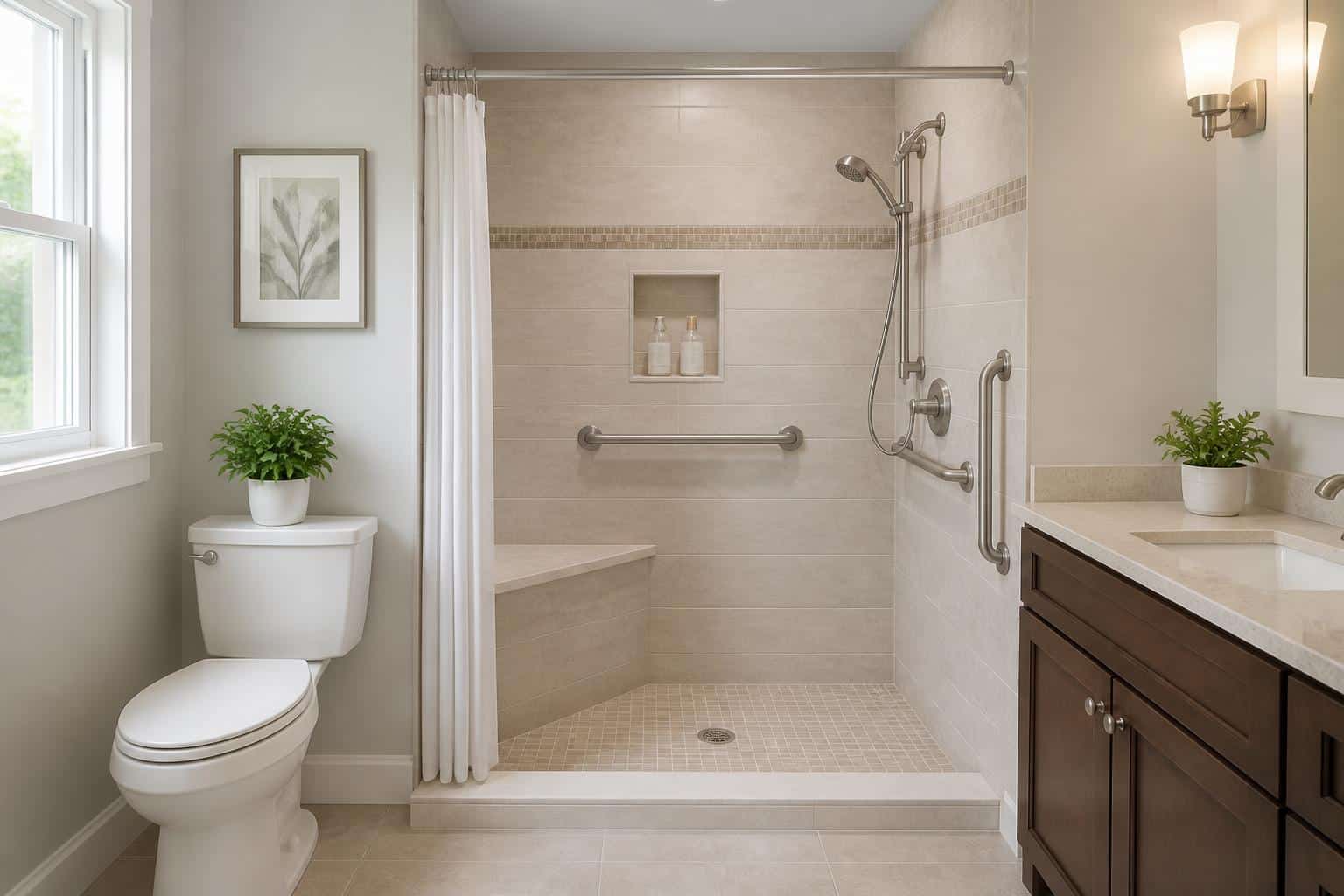 Senior-friendly shower remodel with handheld shower and grab bars