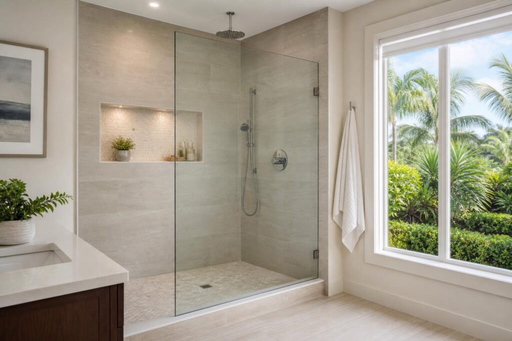 Finished walk-in shower remodel with tile and glass