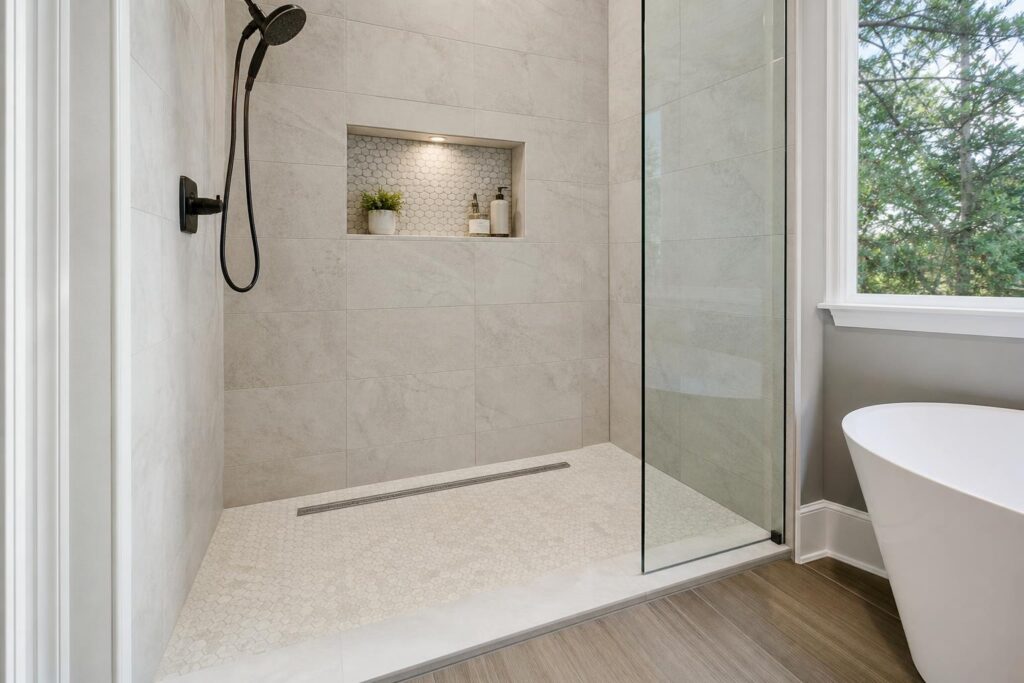 Shower remodel tile niche and drain details