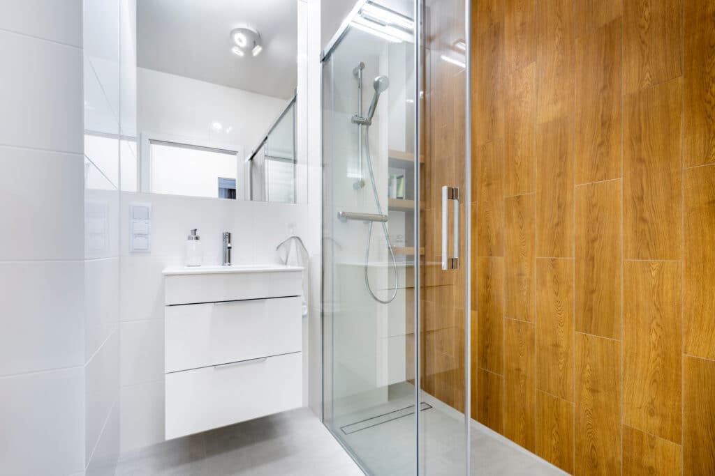 Modern glass shower and vanity for shower remodel planning