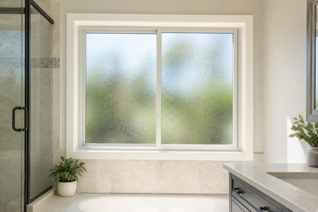 Replacement bathroom window with privacy glass