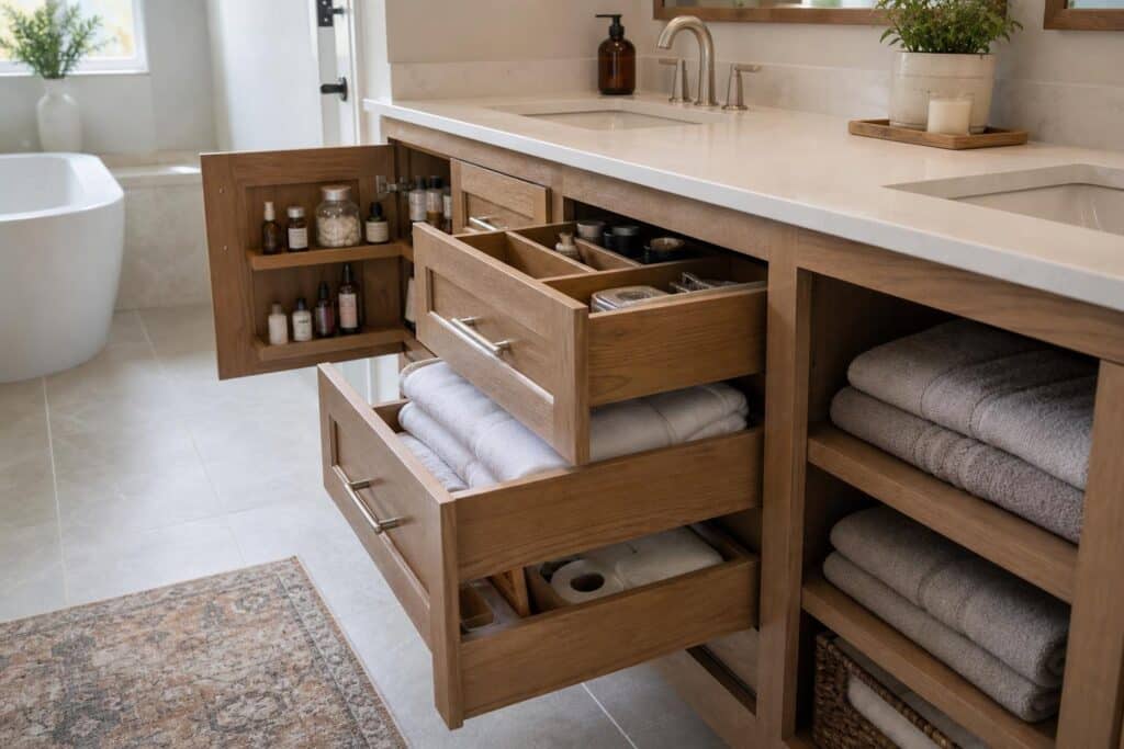 Organized bathroom drawers and linen storage