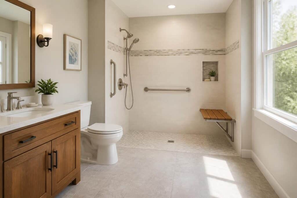Roll-in shower with grab bars and open bathroom floor space