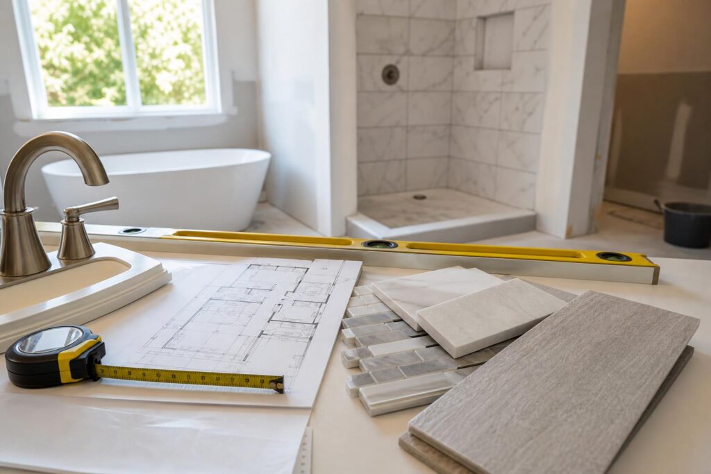 Bathroom remodel measuring tools and finish samples